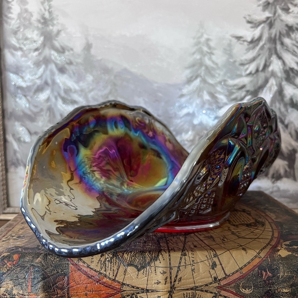Vintage Amethyst Carnival Glass Shell Bowl | Iridescent Ruffled Centerpiece